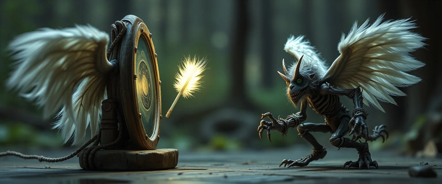 absurd white feather light mirror bounce ancient angelic gremlin wooden treant monster Robot