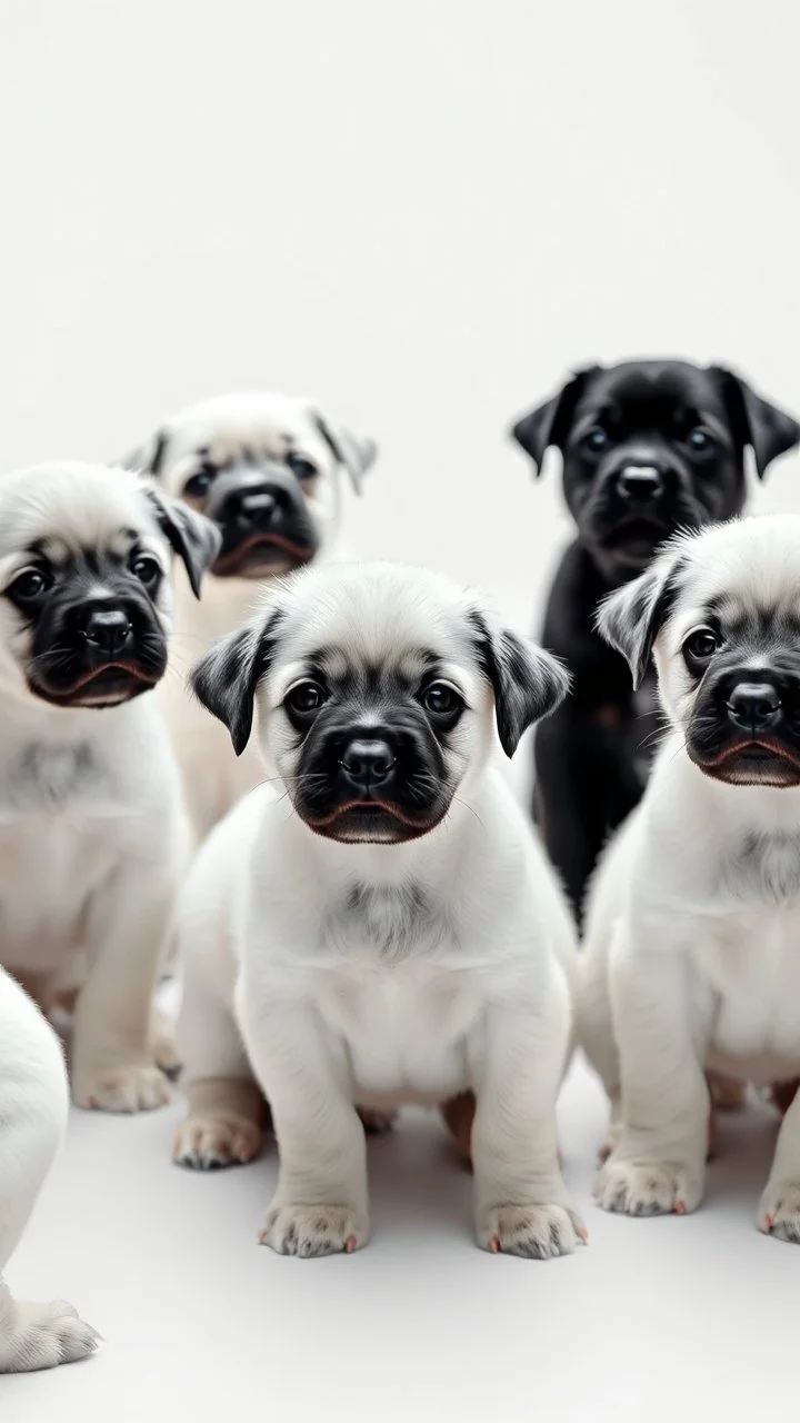 A group of all white puppies in white environment playing all picture and background are white , there is only one puppy is all black