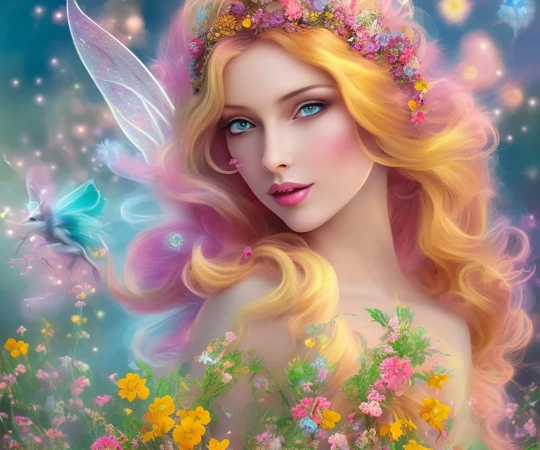 beautiful bright happy fairy portrait with long hair, thin face, two hands in a pink,blue, yellow flowers background,