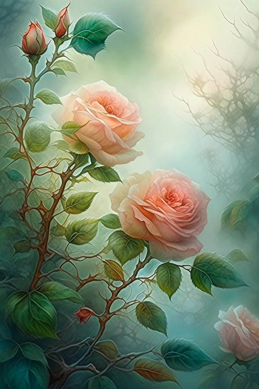 Watercolor, double Chinese rose bush, ultra-detailed, morning, rain, greenery, beautiful landscape, fog, many details, delicate sensuality, realistic, high quality, 3d, work of art, hyperdetalization, filigree, foggy haze background, hyperrealism, professional, transparent, delicate pastel tones, back lighting, contrast, fantastic, unreal, translucent, glowing, clear lines, epic fabulous, fabulous landscape, hyperrealism