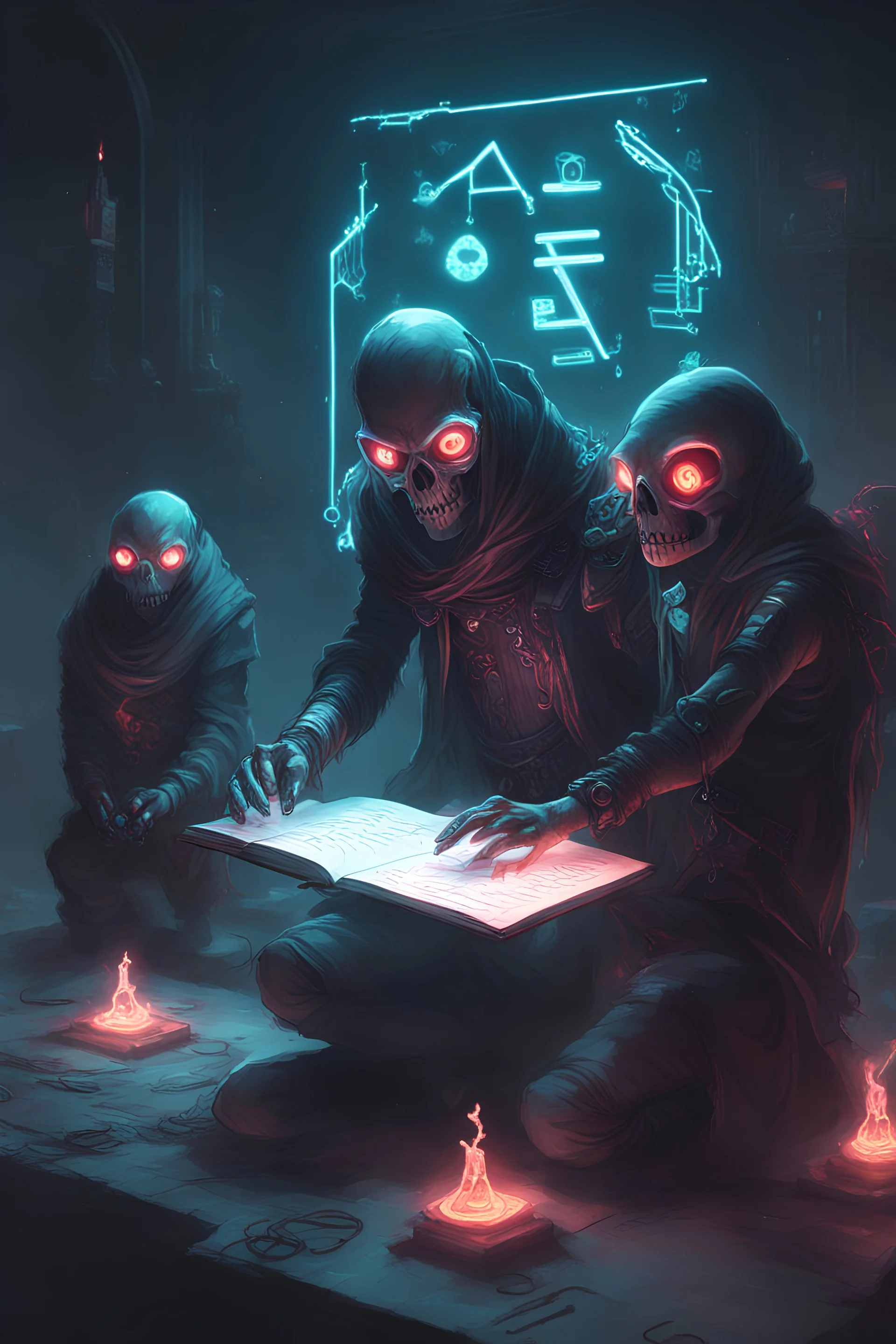 A necromancer writing glowing glyphs in midair, cyberpunk aesthetic, glowing eyes, undead minions praying on knees