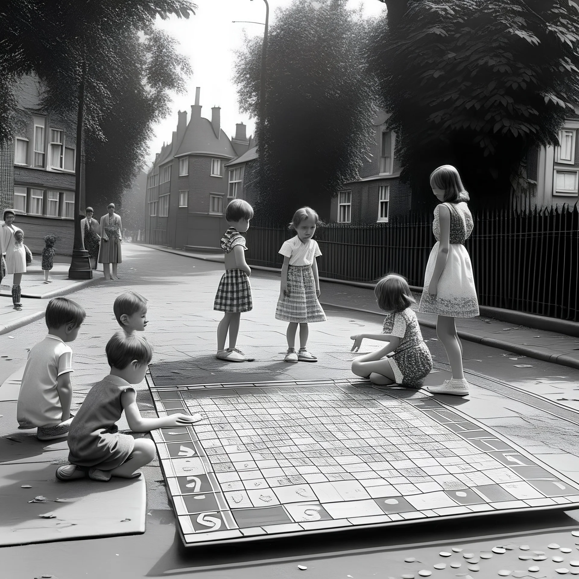 old fashioned a game of hopscotch on the street with girls discussing it next to it