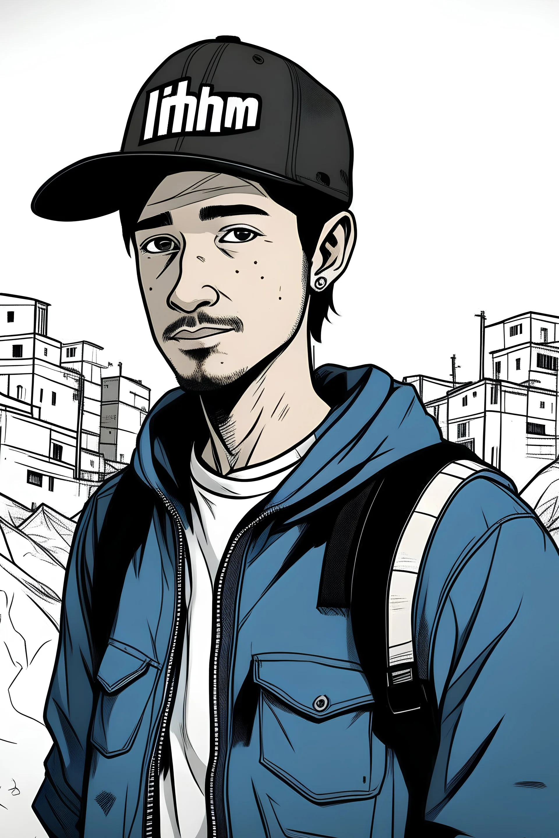 doodle , high quality , illustrated,Hima, young man, 20 years old, journalist, black hair, short beard, wearing a press jacket ، He wears a Bluo press jacket that says, PREES ،Wearing a black sports cap, photographer , Background of destroyed buildings ،simple cartoon style for a card, signed with the name Hima.