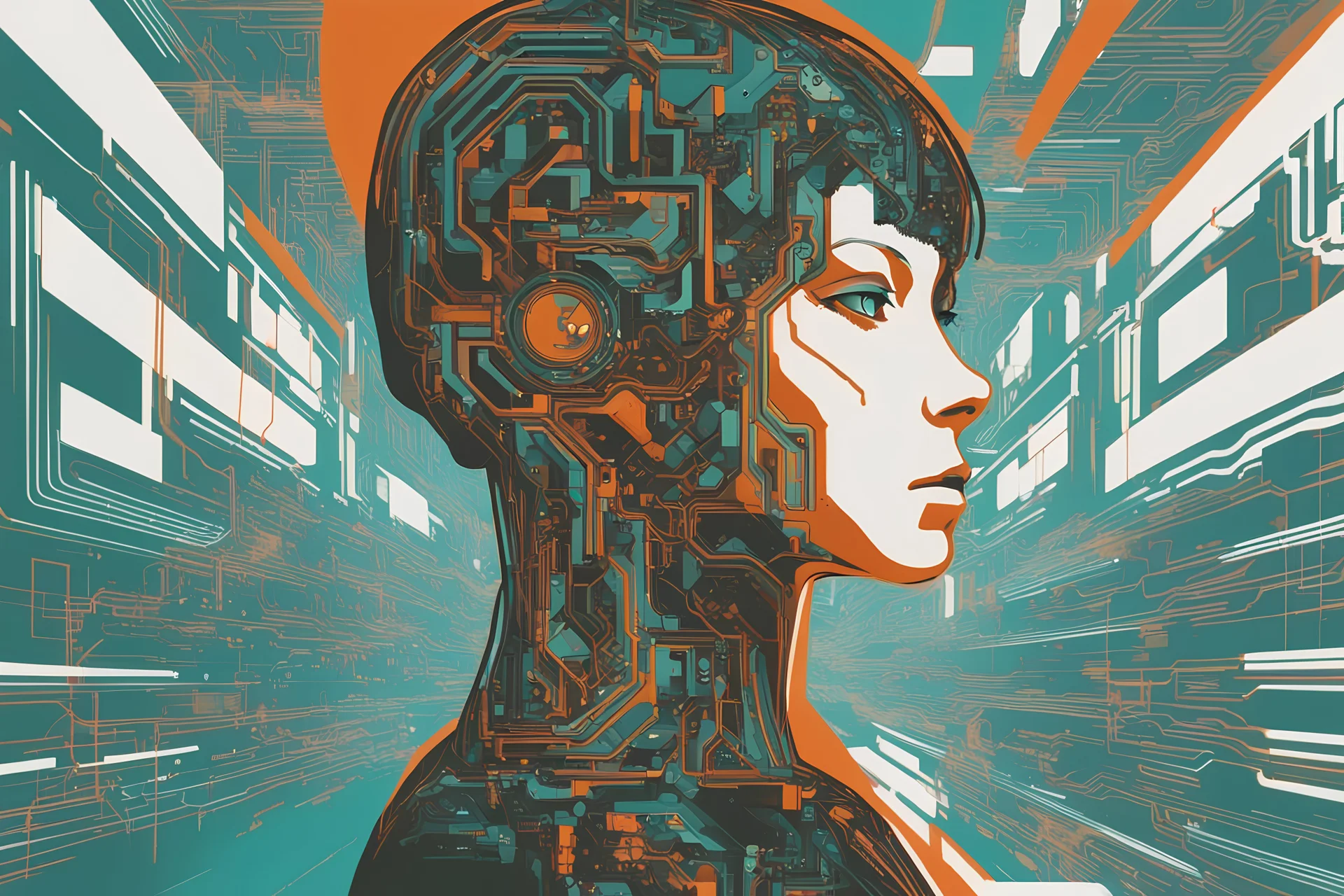 An image capturing the silhouette of an artificial intelligence in human form set against the backdrop of an abstract mass of circuitry. The face should be detailed but without gender and the AI in human form should look friendly. Create contrast using the colors turquoise, and orange. Also use the color: #5E8AC3. Incorporate elements of soviet brutalism and neo-tokyo aesthetics.