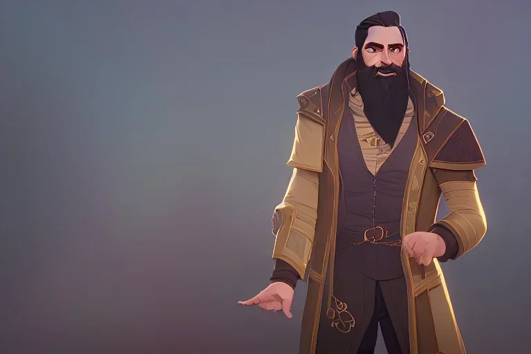 Other worldly bearded tall middle-aged man wearing many gold rings anda rugged long fur trimmed merchant's coat, full body, dark background, synamic lighting