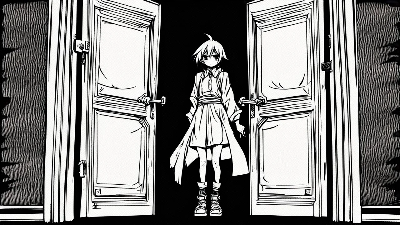 unhinged door, anime, monochrome, black background, ink, simple, maximum quality