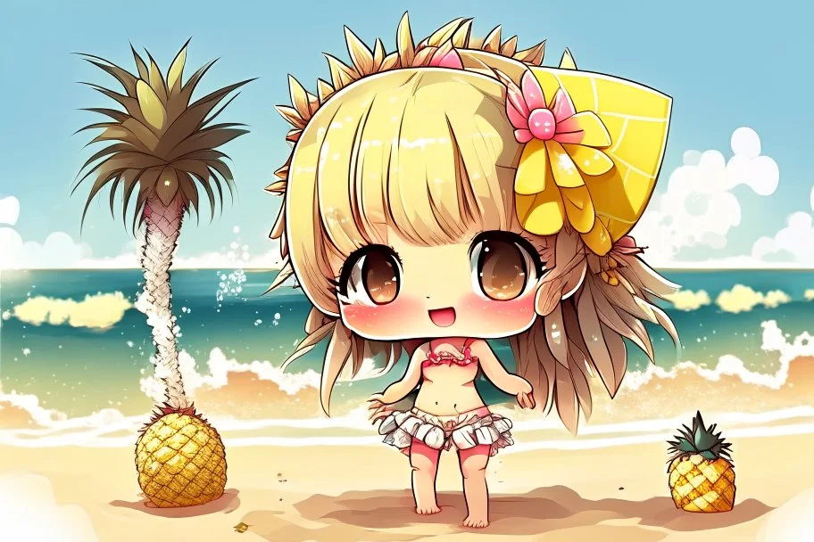 cute pineapple chibi girl at the beach