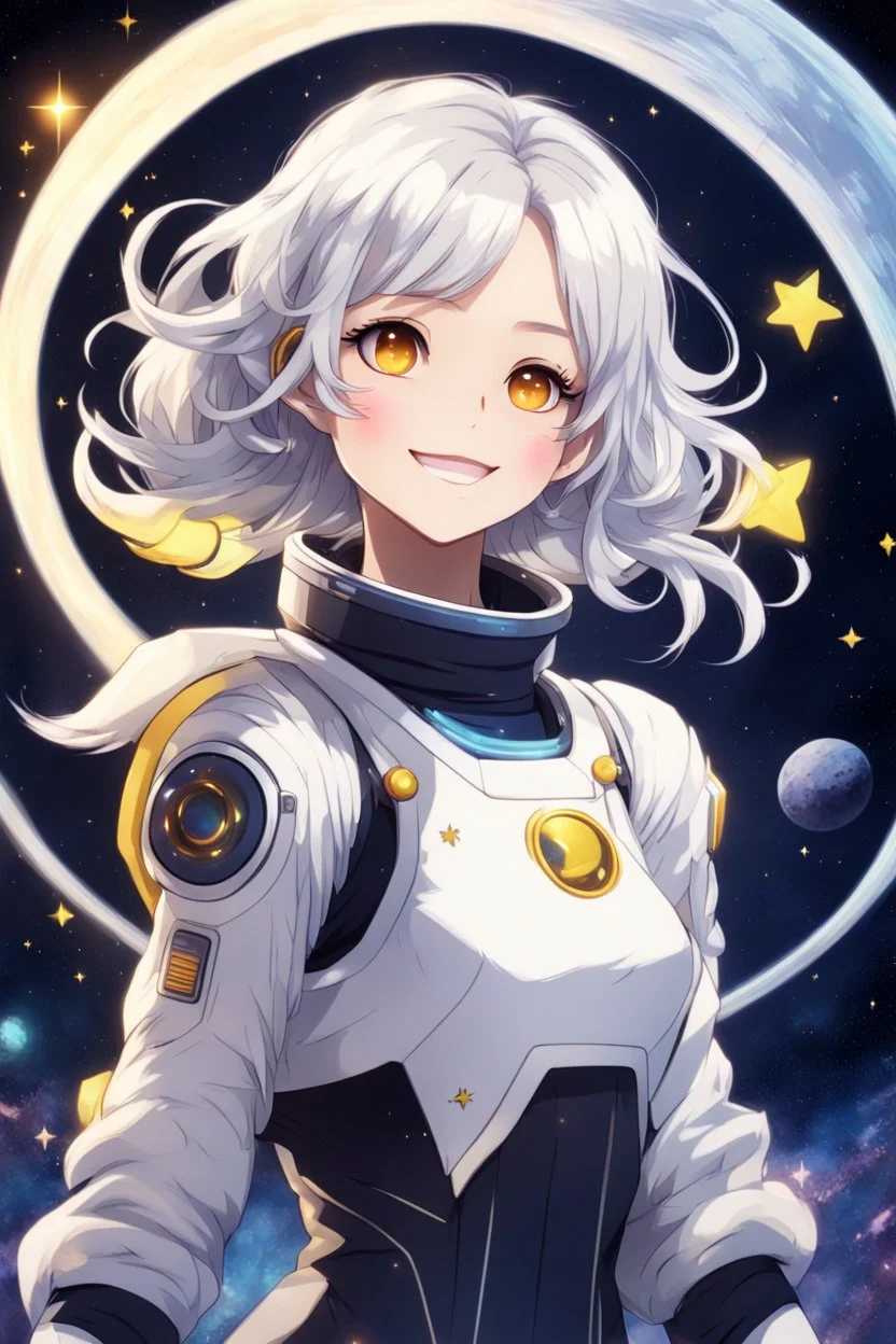 Space girl, has medium white hair with the center part of it black, has yellow eyes, is in space flying on top of a star, she wears a blouse and doesn't need a helmet to fly in space, She smiles calmly, Anime style