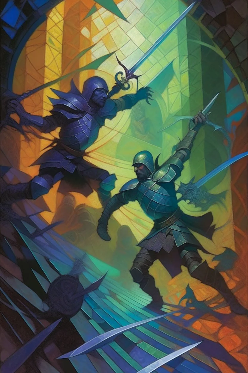 1970's dark fantasy cover dnd style oil painting of an holographic medieval fight with minimalist far perspective in an abstract pattern background.