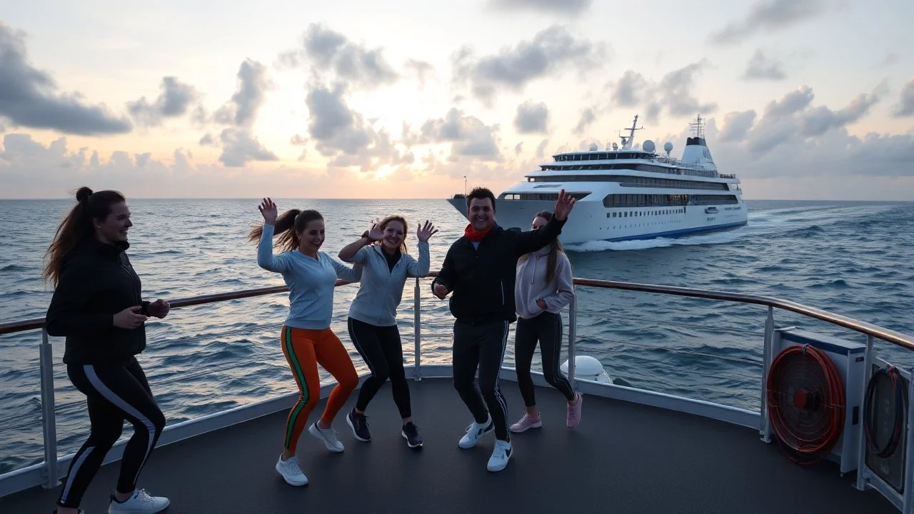 a group of young ladies and young men in sports pants and jacket are dancing to camera on deck of a small modern ship in oceion next to a passing huge ship,cloudy sun set sky
