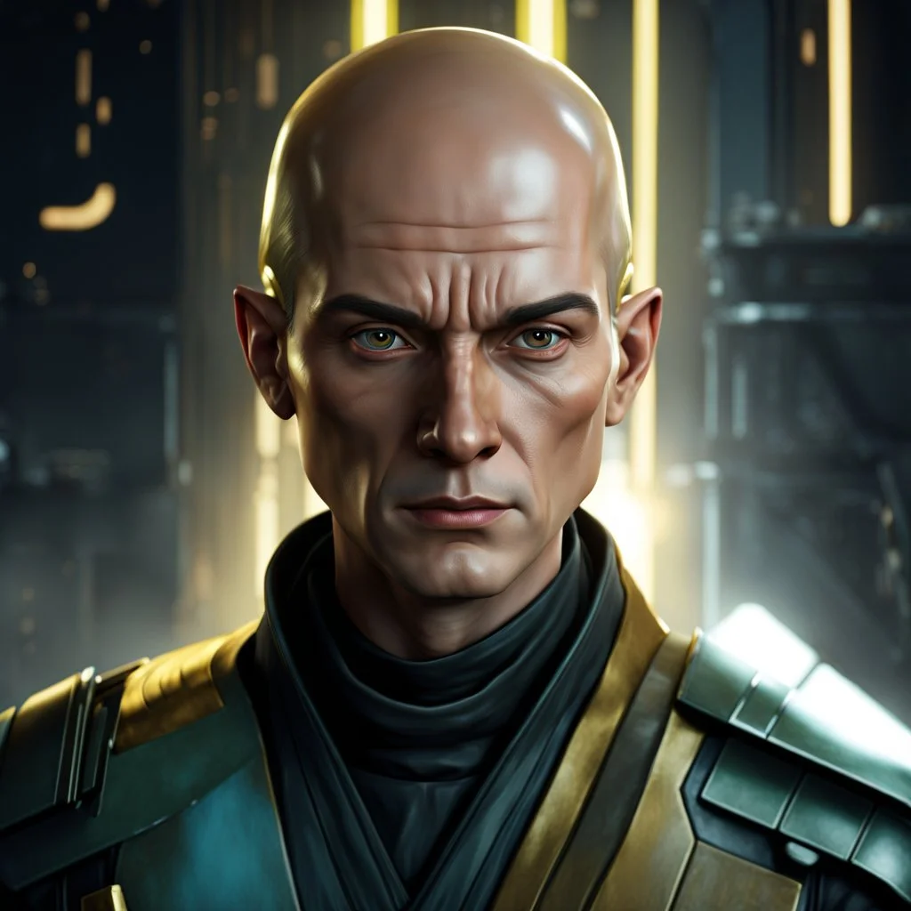 star wars bald male corellian pilot wearing pearlescent black and gunmetal grey First Order special forces heavy assault armor and helmet with gold trim inside the jedi temple, centered portrait, hyperdetailed, dynamic lighting, hyperdetailed background, 8k resolution, volumetric lighting, light skin, fully symmetric details