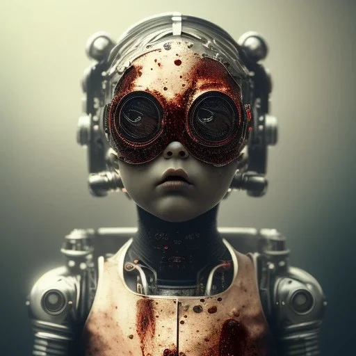 a little girl as a cyborg and a lot of red liquid, steam punk, scary, horror, realistic, made in octane, cinematic, ultra-realistic, extremely detailed octane rendering, 8K, VRAY Super Real ar 2:3, dof photorealistic futuristic 50mm lens hard lighting dark gray tintype photograph, realistic lighting, sephia colors