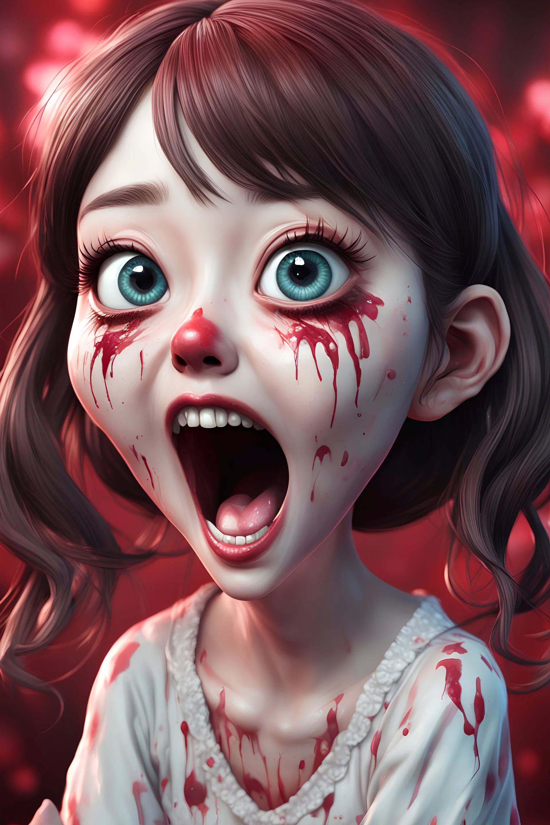 Sticker Kawaii woman with rare eyes, face distorted with pain, screaming, tears streaming from eyes, siting pose, fullbody, Junji Ito style, darkred tones,high detailed, 4k resolution, digital paiting, cute, art, no background 3d pixar disney the cinematic FKAA, TXAA, and RTX graphics technology employed for stunning detail.