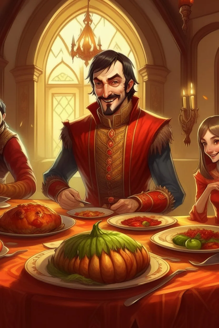 Strahd Von Zarovich eating Thanksgiving dinner with an evil grin