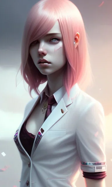 girl, cute, beautiful, pink hair, brown eyes, long hair, bangs, knife in hand, blood on face, by Greg Rutkowski, big boobs, blazer, skirt, yandere