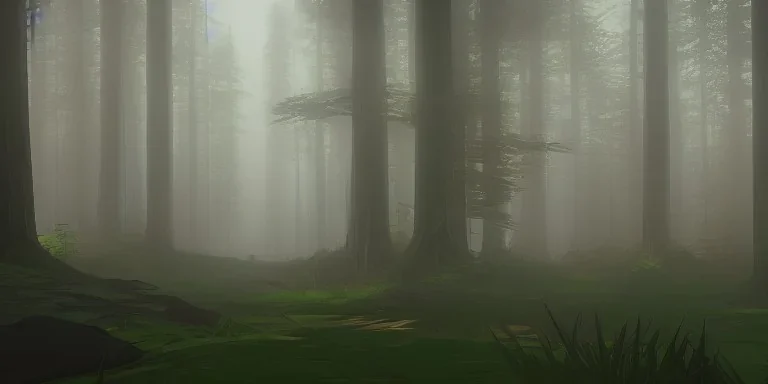 Dense forest with tall trees, misty, light rays, day time, bushes