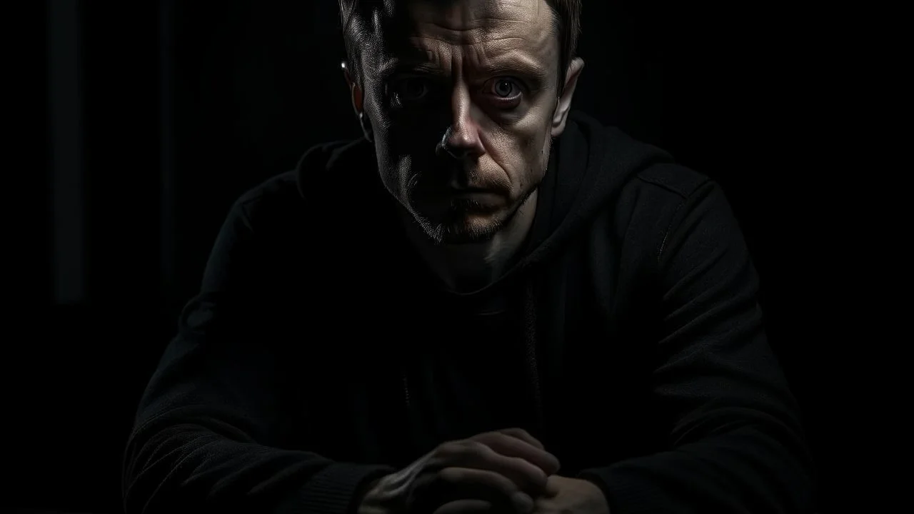 In the photo, we see a man sitting in the dark, looking at the camera with a cold gaze. The man is dressed in black and seems uninterested in what is going on around him.