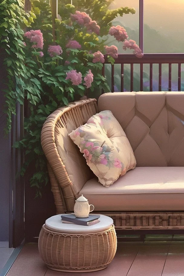 Night, twilight, a light brown wicker sofa with floral cushions, a glass-topped table in front of it, coffee steaming in a porcelain cup, and a down-turned open book next to it. Above the settee, flower bushes in planters, all on the terrace of a luxury house S<AI Nikon D850 highly detailed digital painting sharp focus elegant intricate photorealistic 4k very attractive beautiful dynamic lighting award winning fantastic view crisp quality Unreal Engine very cute cinematic postprocessing acrylic