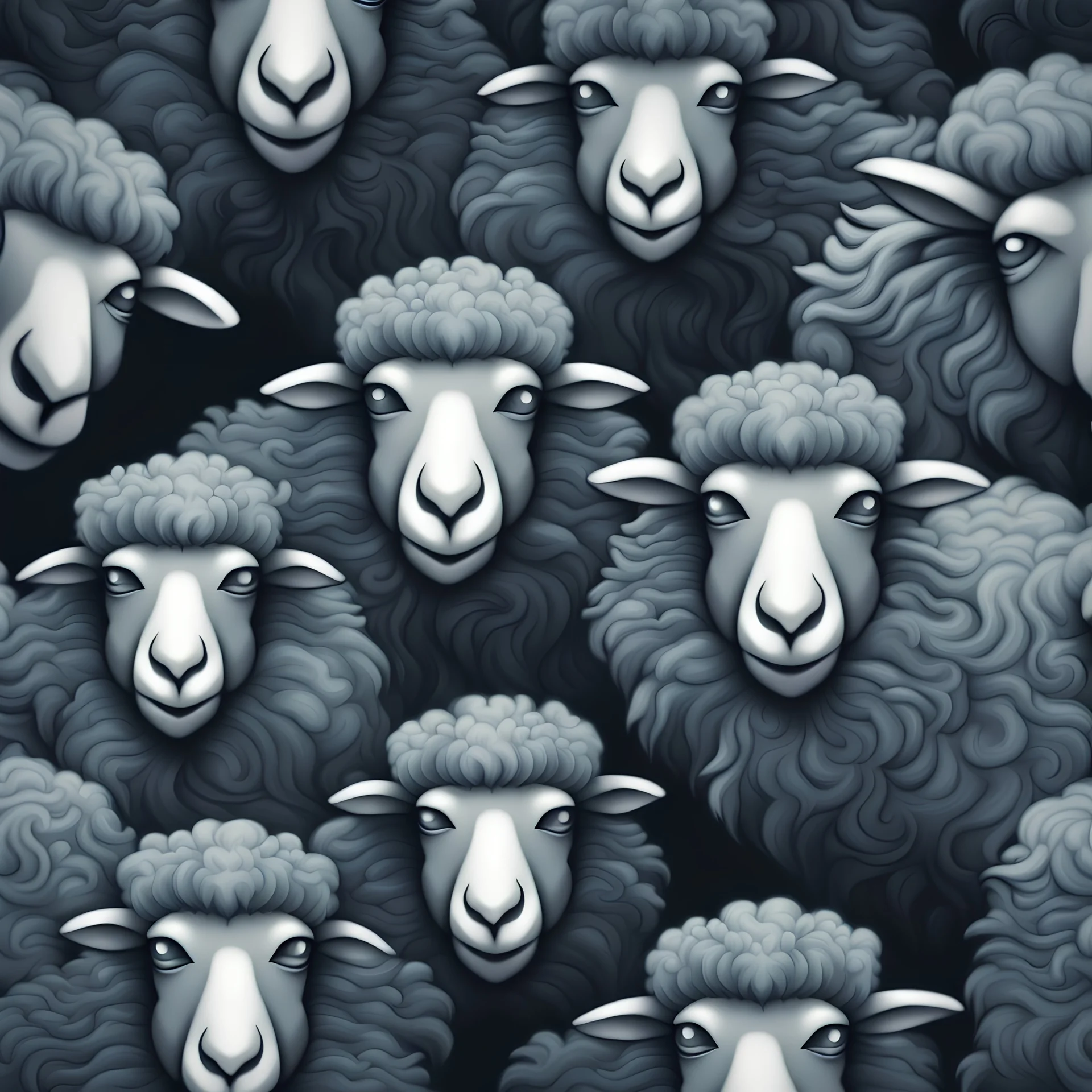 pattern of a group of extremely fluffy, charcoal colored, zombie sheep heads, very close together, biting eachother, cartoon style, rembrandt lighting