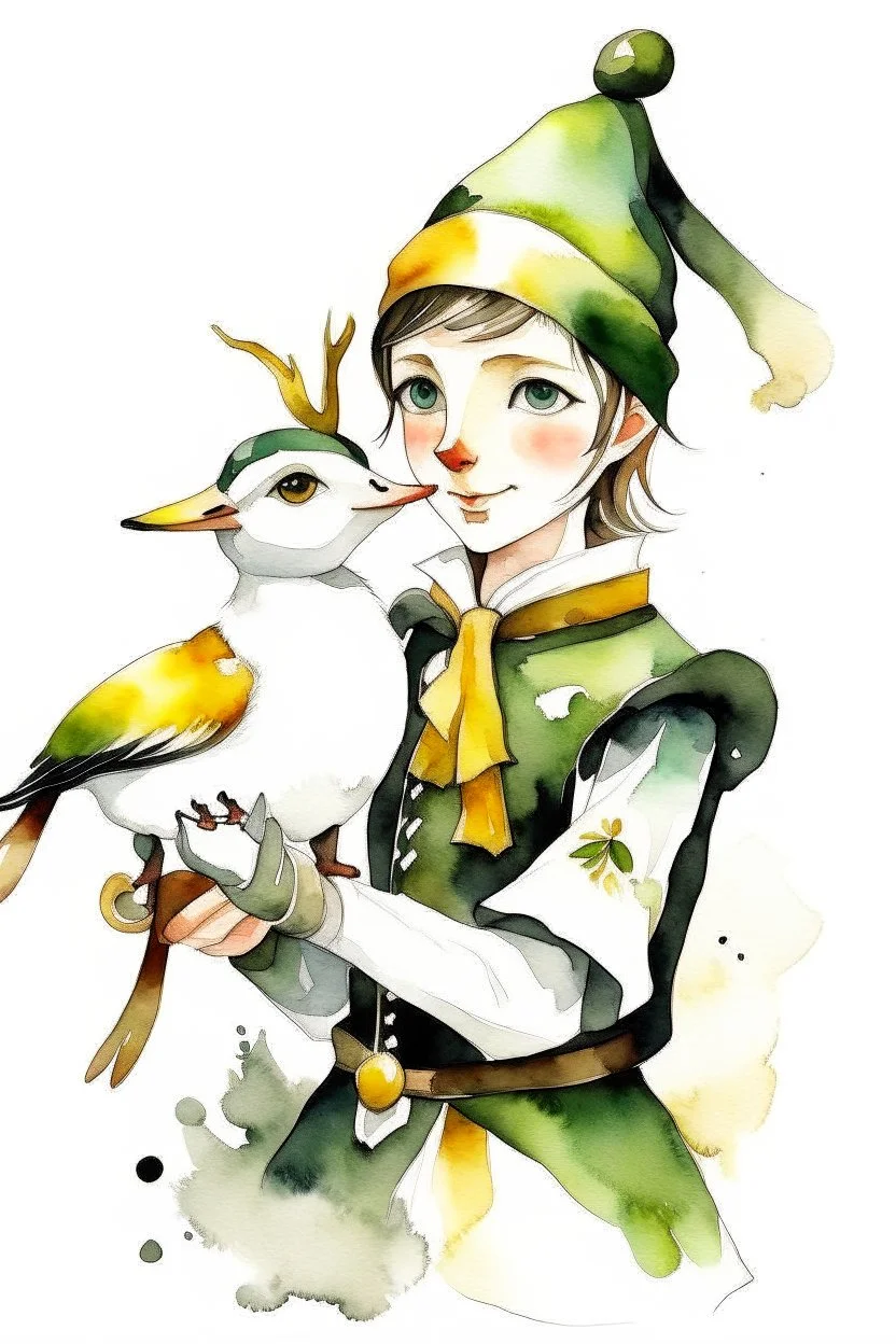 Watercolor black and white elf holding a duck