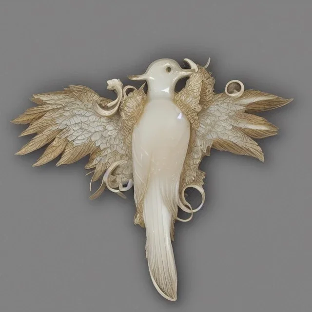 ivory brooch of a kingfisher, opalescent marble carving, decorative design, classical ornament, highly ornate, highly intricate, highly detailed etching, marble carving, warm lighting, linen backdrop