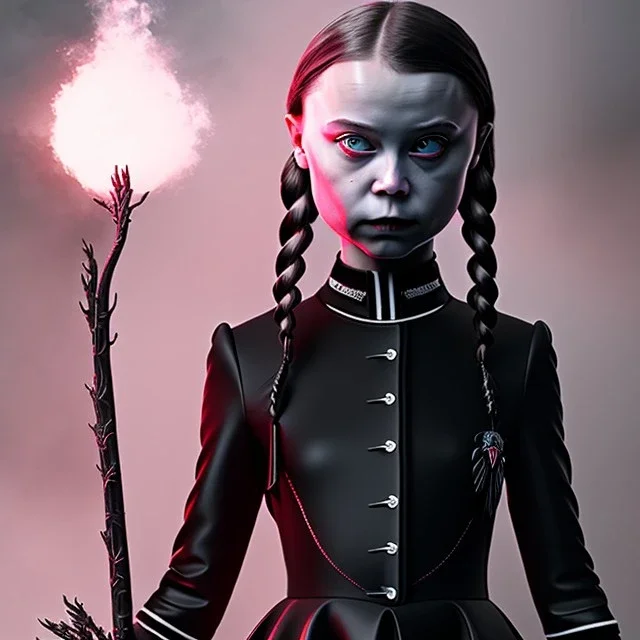  Greta Thunberg with wednesday addams black dress,soft goth libstick, wednesday addams make up, overknee socks, dramatic lighting, highly detailed oil painting, volumetric lighting