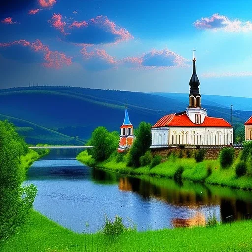 small town in Serbia, river, church, scenery