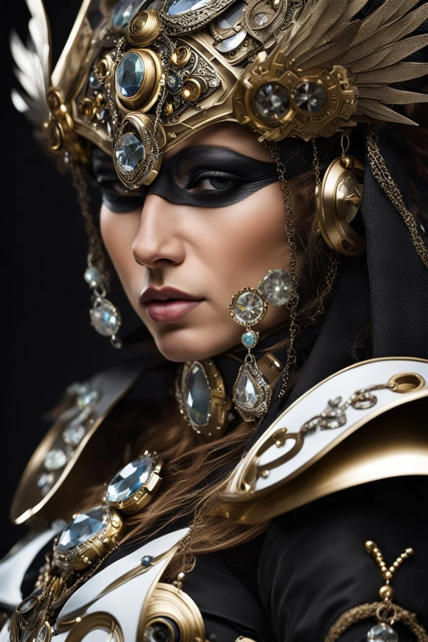 Close Up of Steampunk armor, burka,beautiful angel wings, angry,malicious, goddess, warrior girl, crystal, broken glass, jewelry, ornements, half opened mouth, starcraft, magical orbe, cat eyes,white face,scifi, technology, photography