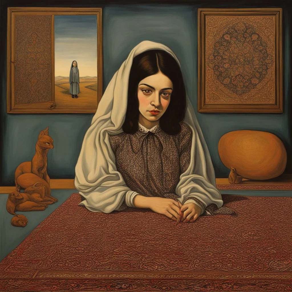 persian girl , iranian carpet,surrealist painting called 'today I am thinking about death by dali and picasso and magritte and Breughel