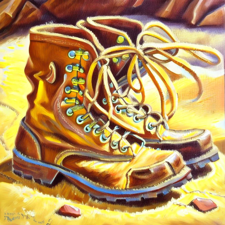 brown moutain shoes , art, oil drawing, bright,