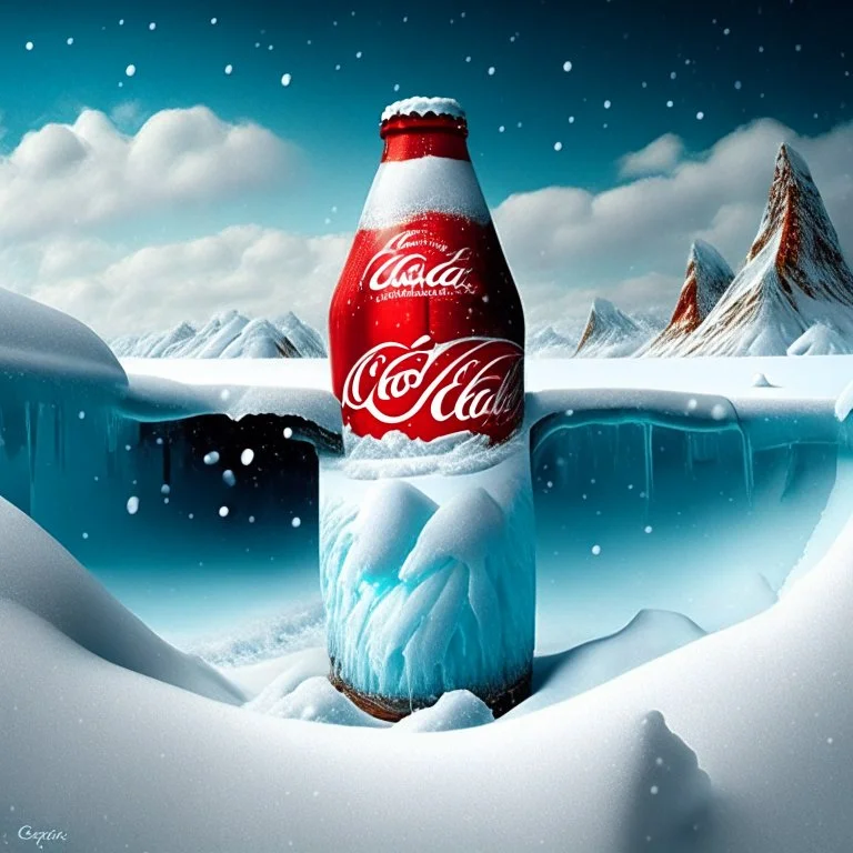 Design for Coca-Cola product in the snow and in the back icebergs