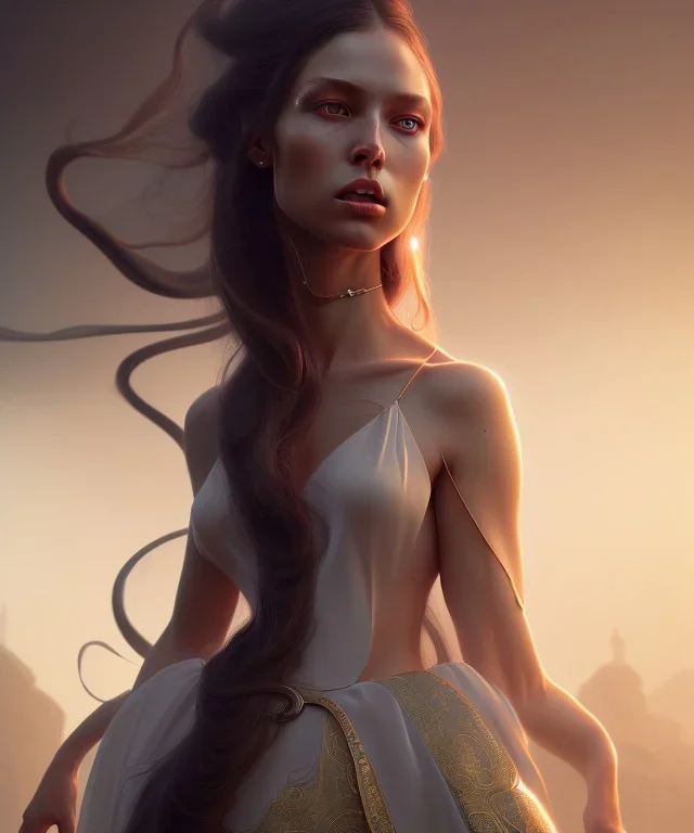 Holy Virgin, beautiful, long fabric dress, beautiful long black hair to the waist, snake around body, head and shoulders portrait, 8k resolution concept art portrait by Greg Rutkowski, Unreal Engine 5 volumetric lighting