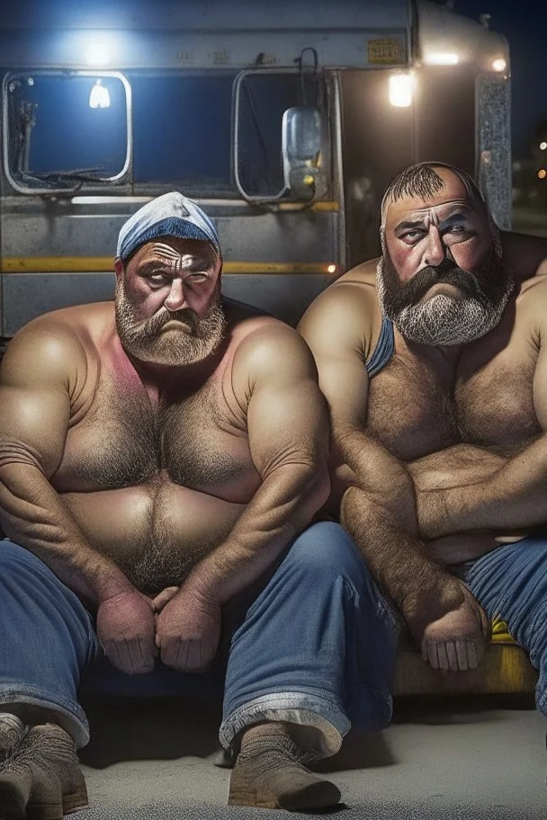 close up photography of two burly chubby strong turkish truck drivers 48 years old, shirtless with boxer ,bulge, manly chest, muscular, long beard, at midnight , sitting outside near his truck, open legs, dim lights, ambient occlusion, side light , photorealistic, view from the ground