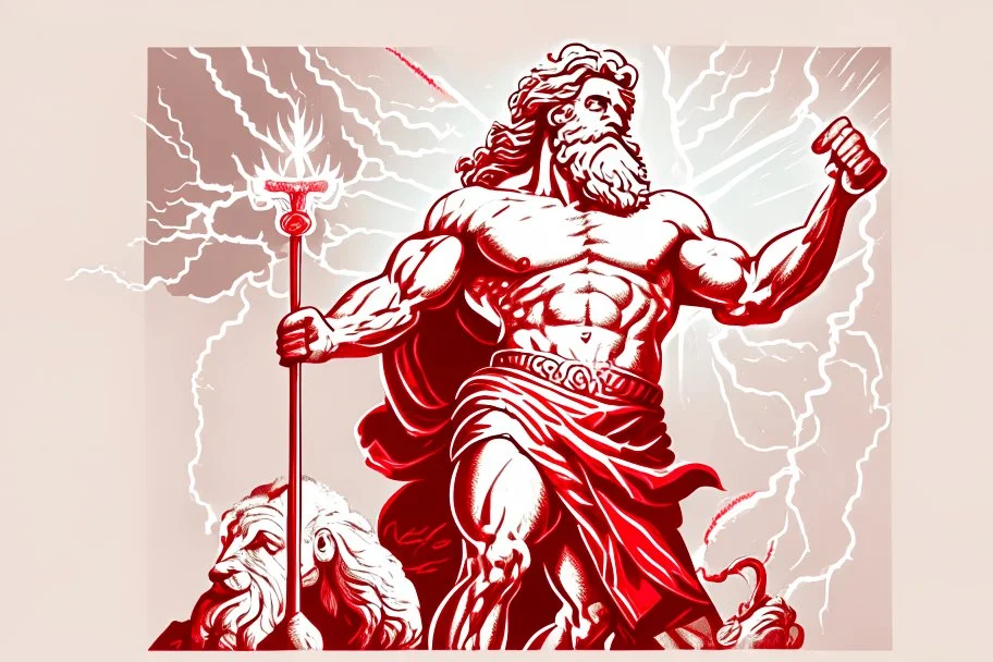 Detailed and realistic illustration of Greek god Zeus holding holding lightning. Vintage style illustration. Red and white lightning. Ultra high resolution.