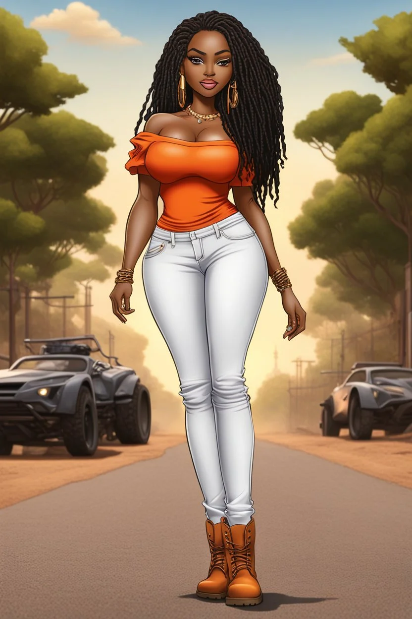 Create a digital airbrush cartoon of a curvy African American female wearing tight white jeans and a off the shoulder orange blouse. She is also wearing timberland boots. Prominent make up with hazel eyes. Highly detailed very long extremely dread locs black hair. Her skin is smooth and silky. Background of a track of ATV riders.