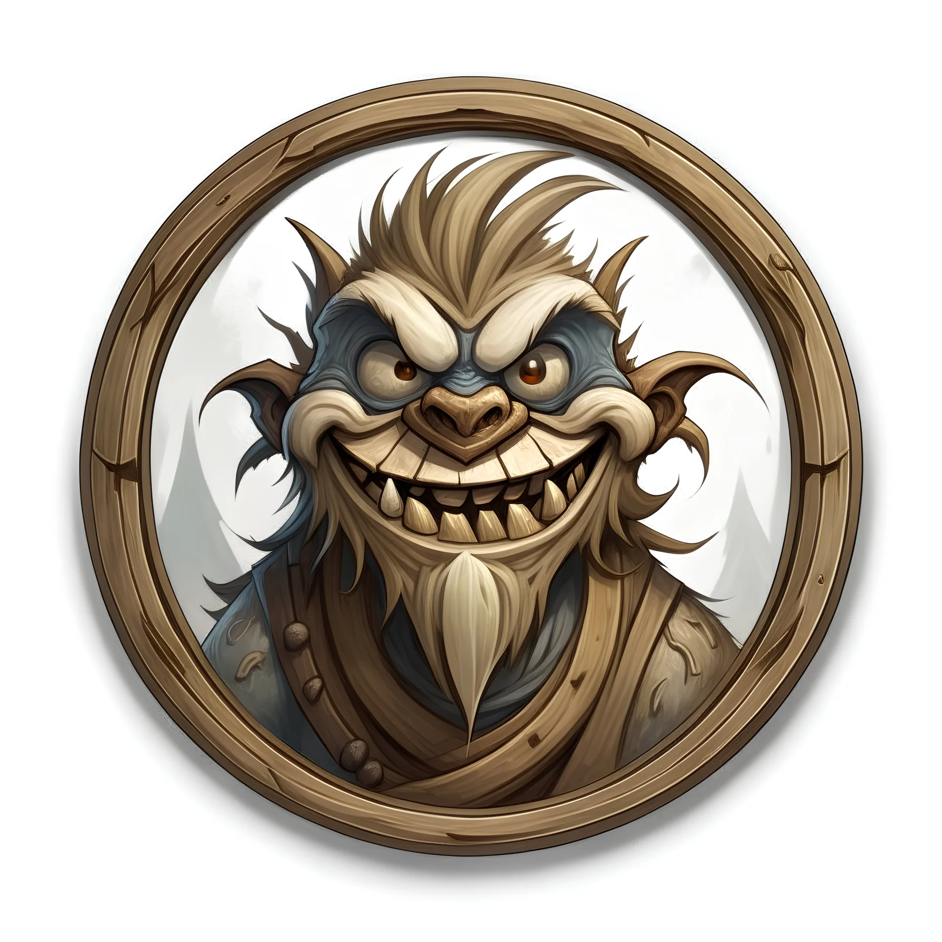 (round) (dnd token) portrait of doppelganger, half shapeshifter, half monster, artstation, wooden token frame, white background