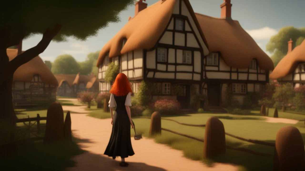 A photorealistic image of a red-haired, slender, witchy woman standing in a village common with neat-mown grass, surrounded by many thatched cottages and shops, under a large tree. Sunny day.