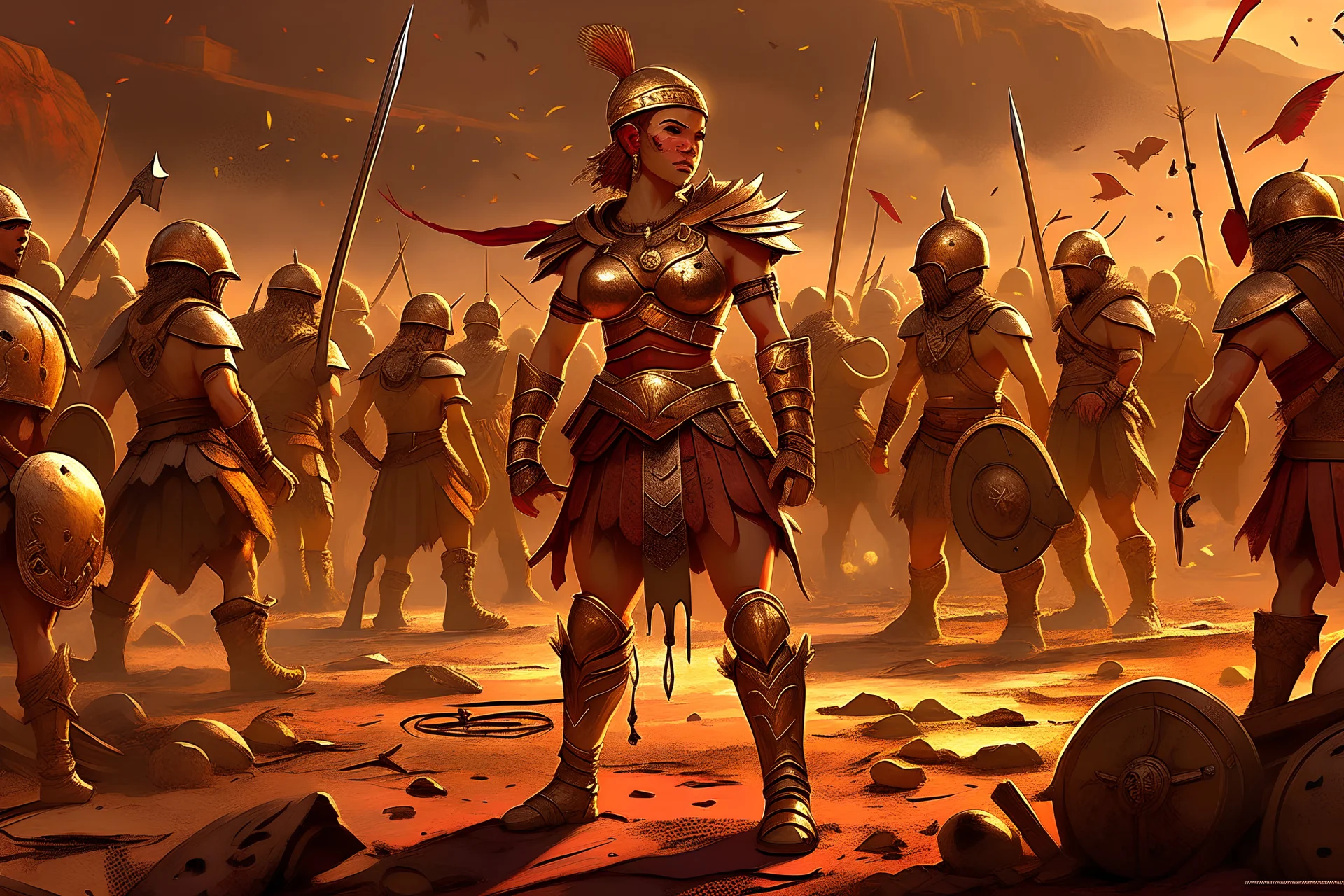 Digital art, high quality, masterpiece, natural illumination, realistic, (gladiator arena:1.5), point of view, (1 amazon woman:1.5), (1 warrior woman:1.1), (fantasy outfit:1.2), barbarian outfit, agressive, surrounded by small soldiers, tiny soldiers, dust emerging from the ground