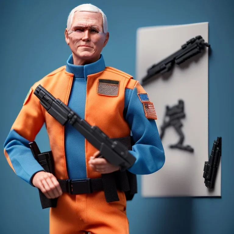 a large pile of face Mike Pence G.I. Joe toy Doll spaceforce uniform, orange blue fabric, pistol, wall packaging for sale, bright pricetag, finger, empty box