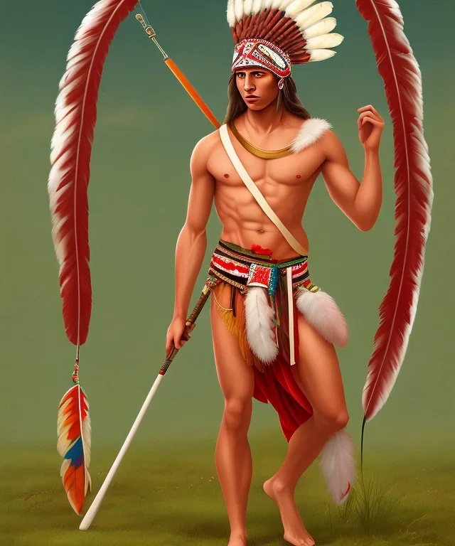 Guaicaipuro, native american god warrior, red feathers headdress, shirtless, holding a stone tip spear