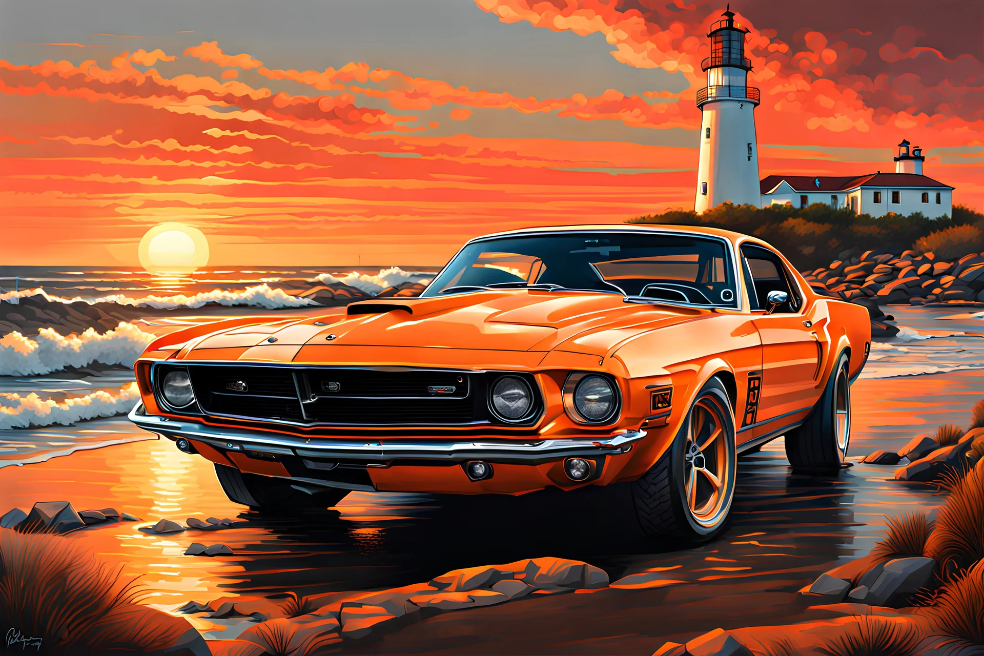 realistic 1970s BOSS 302 orange mustang in coastal, intricated details, sunset, lighthouse, painting style, dramatic lighting