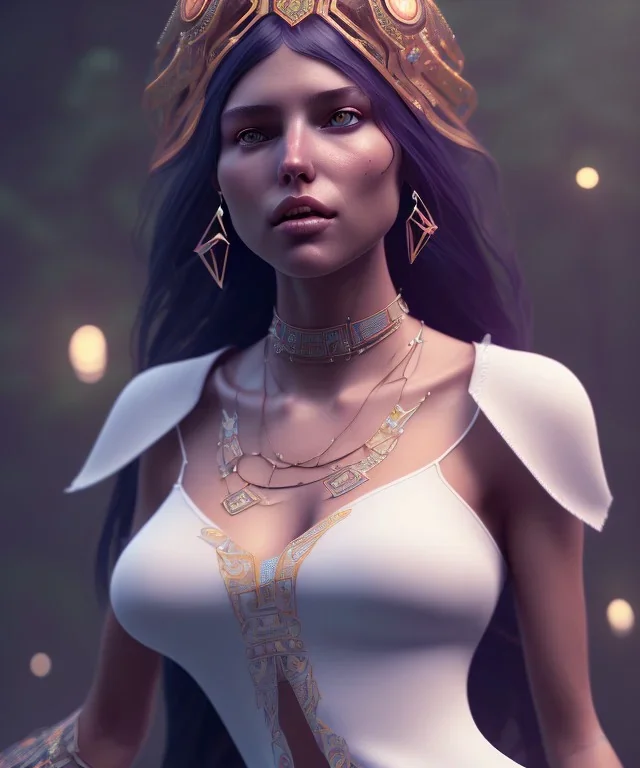 Gipsy, beautiful, curvy body, white fabric dress, beautiful long hair, bandana, long earings, head and shoulders portrait, holding tarot card, 8k resolution concept art portrait by Greg Rutkowski, Unreal Engine 5 volumetric lighting