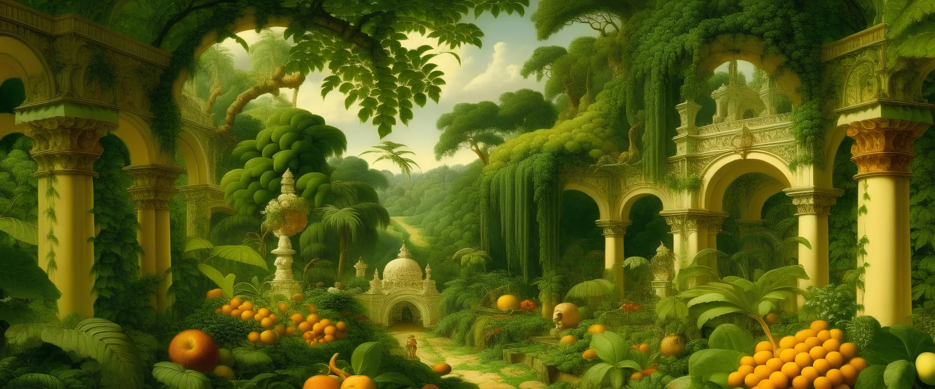 Ruins in a green jungle filled with fruit painted by Edward Hicks