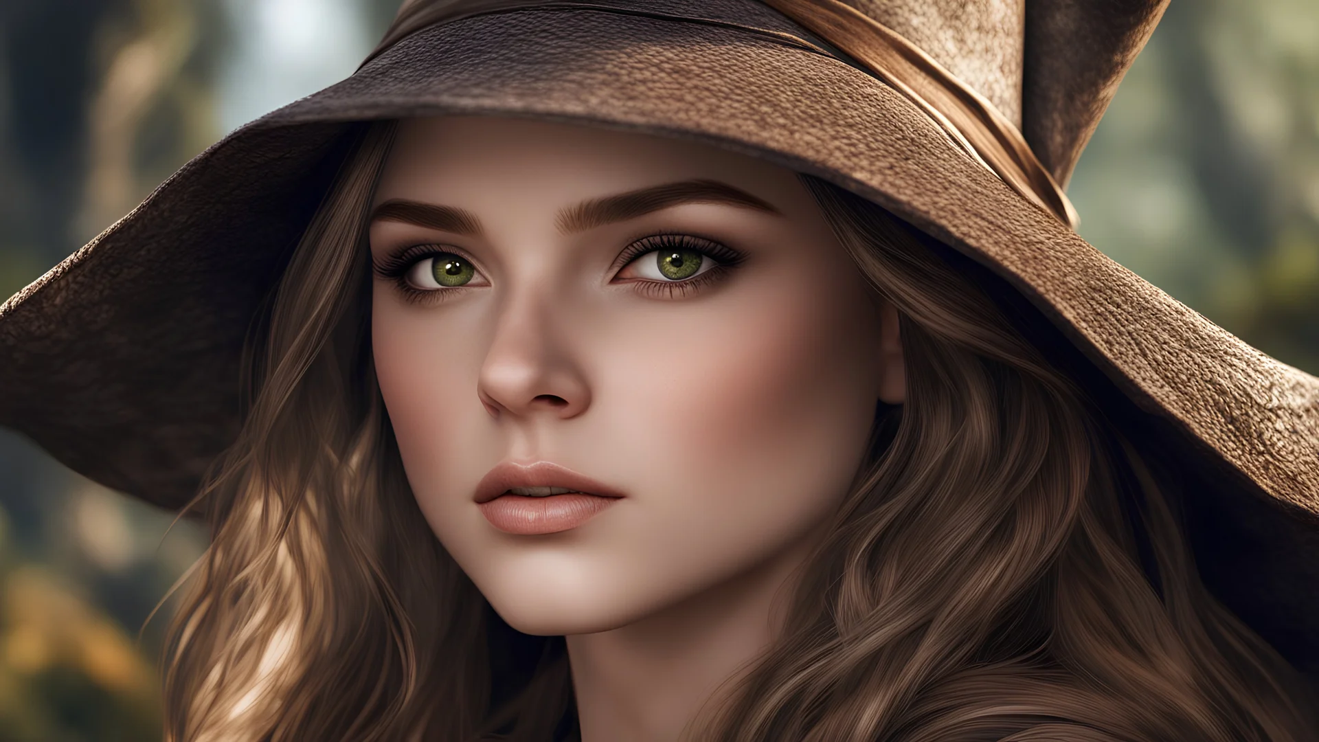 photorealistic, 35mm, intricate details, hdr, intricate details, hyperdetailed, natural skin texture, hyperrealism, sharp, 1 girl, adult (elven:0.7) woman, freckles, grey eyes, chestnut layered hair, portrait, looking down, solo, half shot, detailed background, witch hat, witch, magical atmosphere, hair flowing in the wind, red trimmed light colored clothes, whirlwind of swirling magic spell in the air, dark magic, (style-swirlmagic:0.8), floating particles,