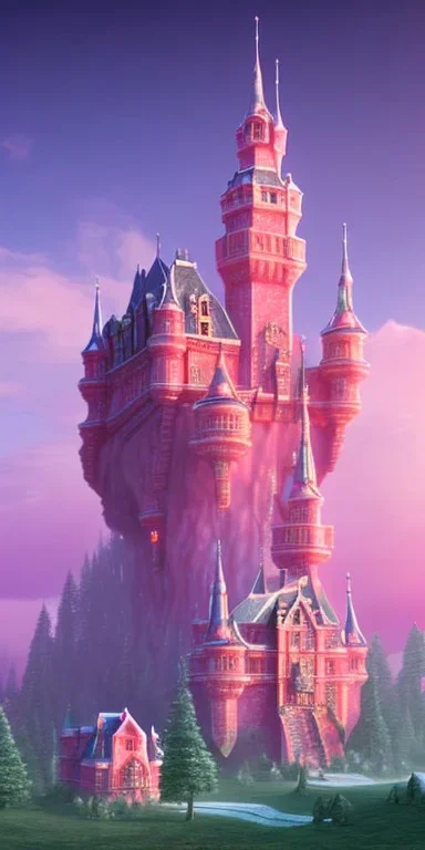 Ice cube shaped castle. pink houses, pink sky, pink smoke, trees, outdoors. street.