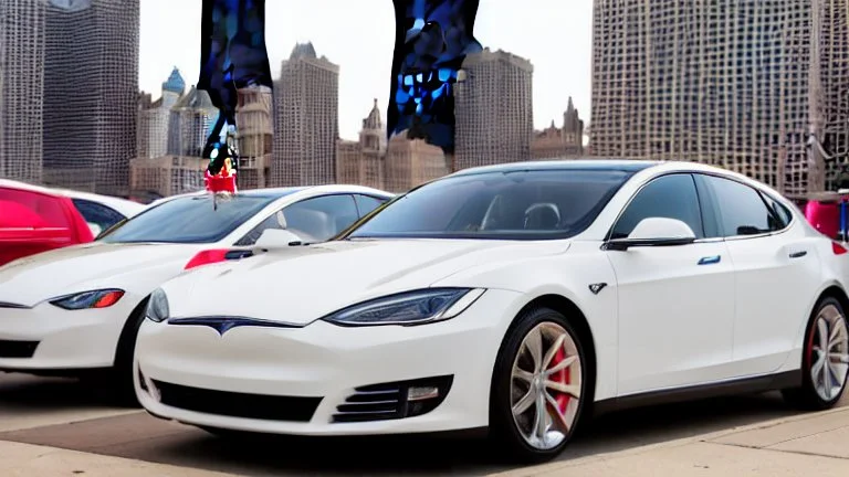 A Tesla's 'Model S Plaid' is racing at top speed, on the Navy Pier, in Chicago. CINEMATIC. WIDE ANGLE LENS. PHOTO REAL.