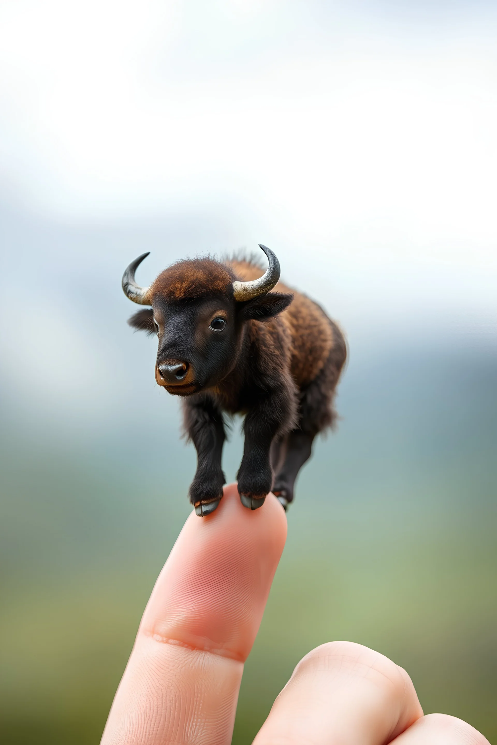 Photorealistic, a extremely small micro baby Buffalo perched on a human finger