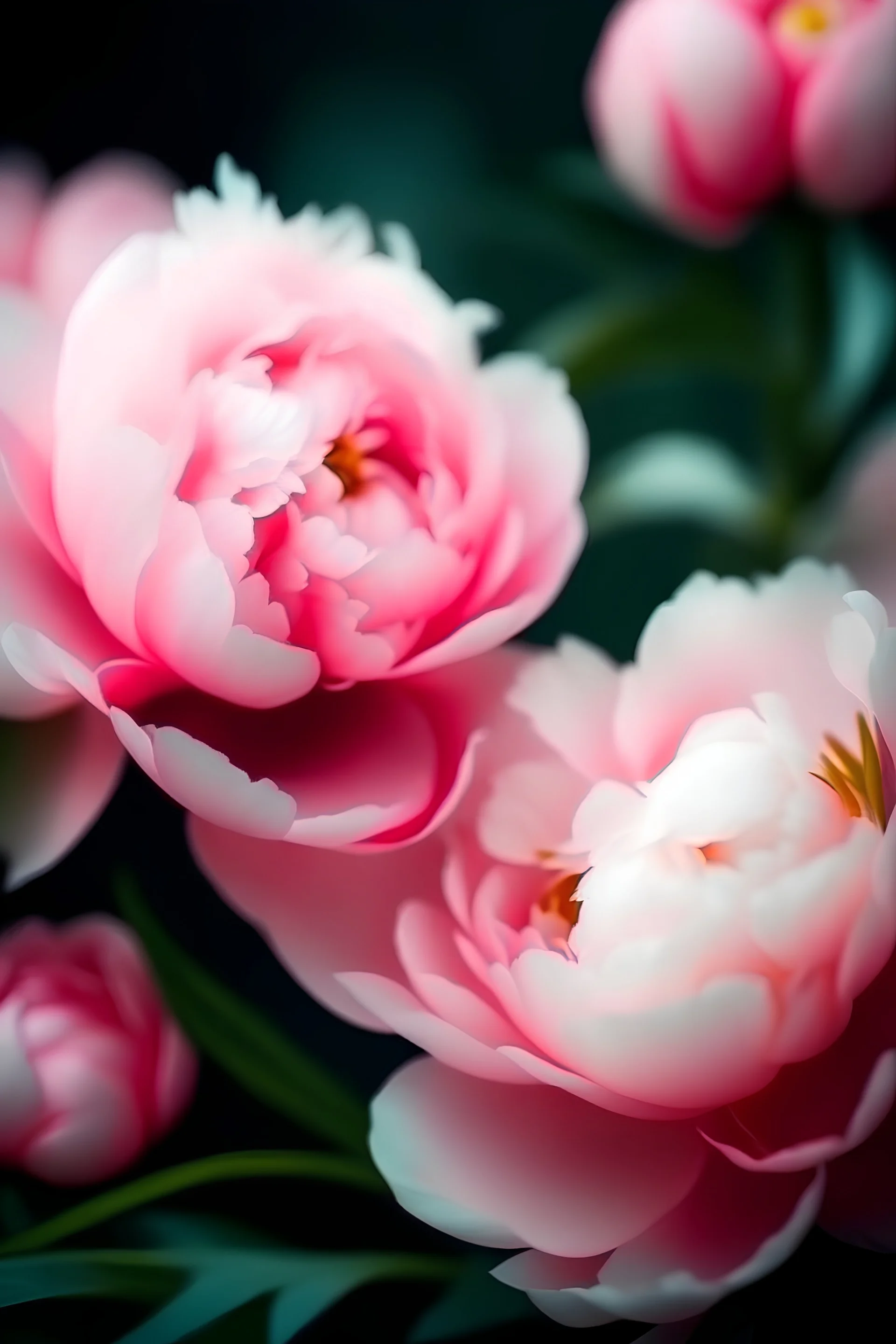 The flowers are pink delicate peony ...bush , English watercolor, hyperdetalization delicate pastel tones , hazy , mirage , haze , aesthetically pleasing, beautiful, bright lighting