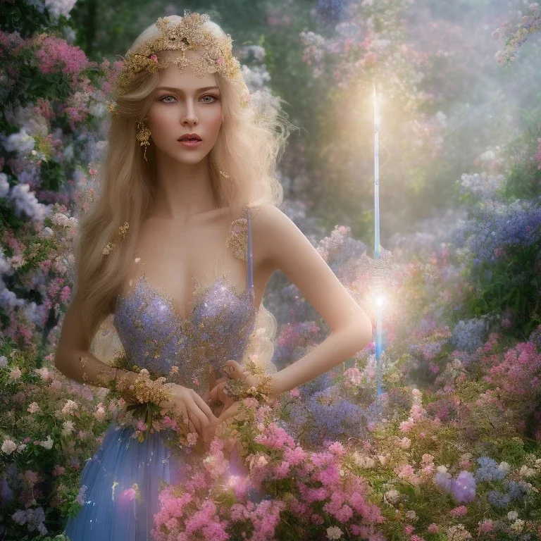 bright fairy, beautiful portrait of swedish beautiful girl nude with long hair blond and blue eyes, flowery a magical crystal flower lys bougainvillier, blue gold house indian palace castle in the woods, magnolias pink,blue lake,sun,white swanns,pink vertical, blue lake,sharp, vines, candlelit, endor, ornate, elegant, highly detailed, artstation, concept art, smooth, sharp focus, illustration, 8k, splash art, wallpaper, key visual