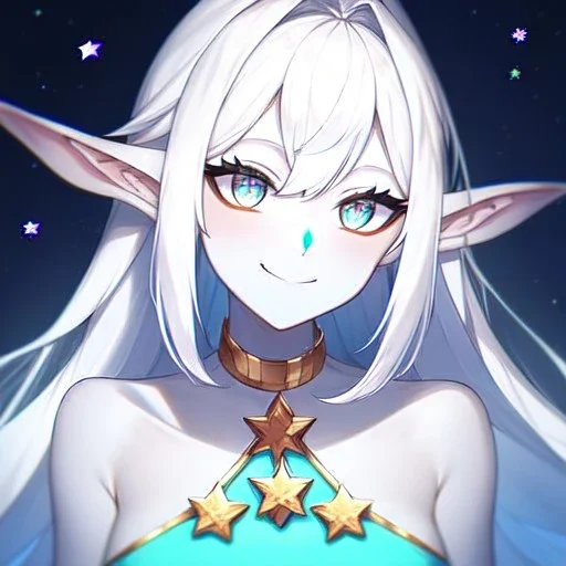 cosmic mage, elf, female, cosmic magic, long ears, white hair, face details, pale skin, jewellery, broad shoulders, sharp ears, star clothes, cosmic eyes, ears shown, the cosmos in eyes, shining eyes, thin face, detailed ears, magical eyes, closed mouth, make up, smiling face, happy face, pointy ears